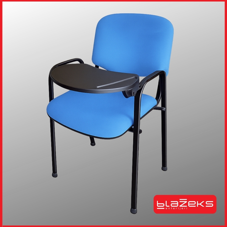 Plava konferencijska stolica sa crnim metalnim ramom i podmetačem za pisanje