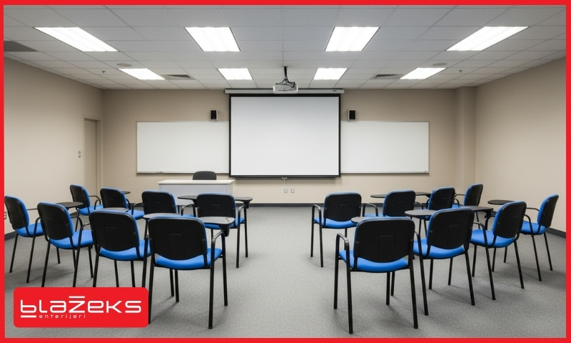 Sala za obuku sa plavo-crnim konferencijskim stolicama i stolovima za pisanje