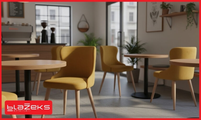 Moderan kafić sa elegantnim žutim tapaciranim stolicama i drvenim stolovima u hotelskom stilu enterijera.