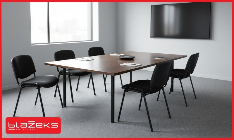 Sala za sastanke sa drvenim stolom i crnim konferencijskim stolicama